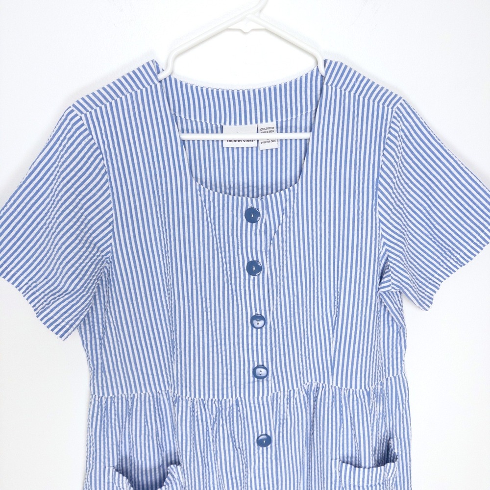 Vermont Country Store Cotton Seersucker Dress Blue White Stripe Button Front L - Picture 5 of 10